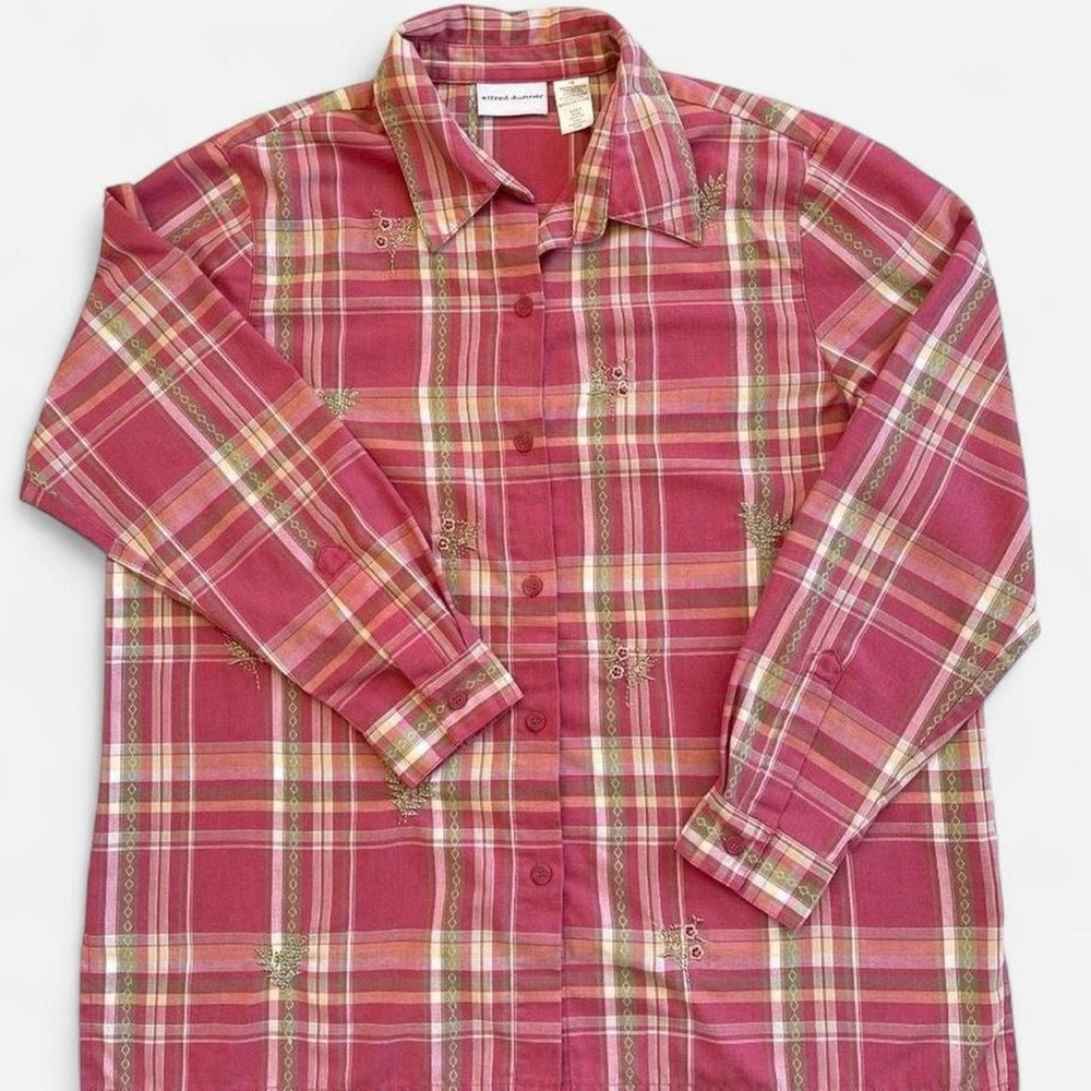 Vintage Alfred Dunner Pink Plaid Button Down Long Sleeve Shirt Flowers - Picture 1 of 7
